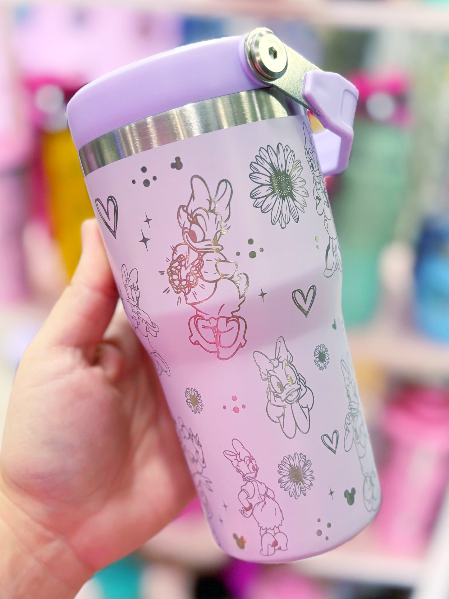 Sassy Duck 20oz Flip-Top Handle Tumbler // Light Purple Engraved Stainless Steel
