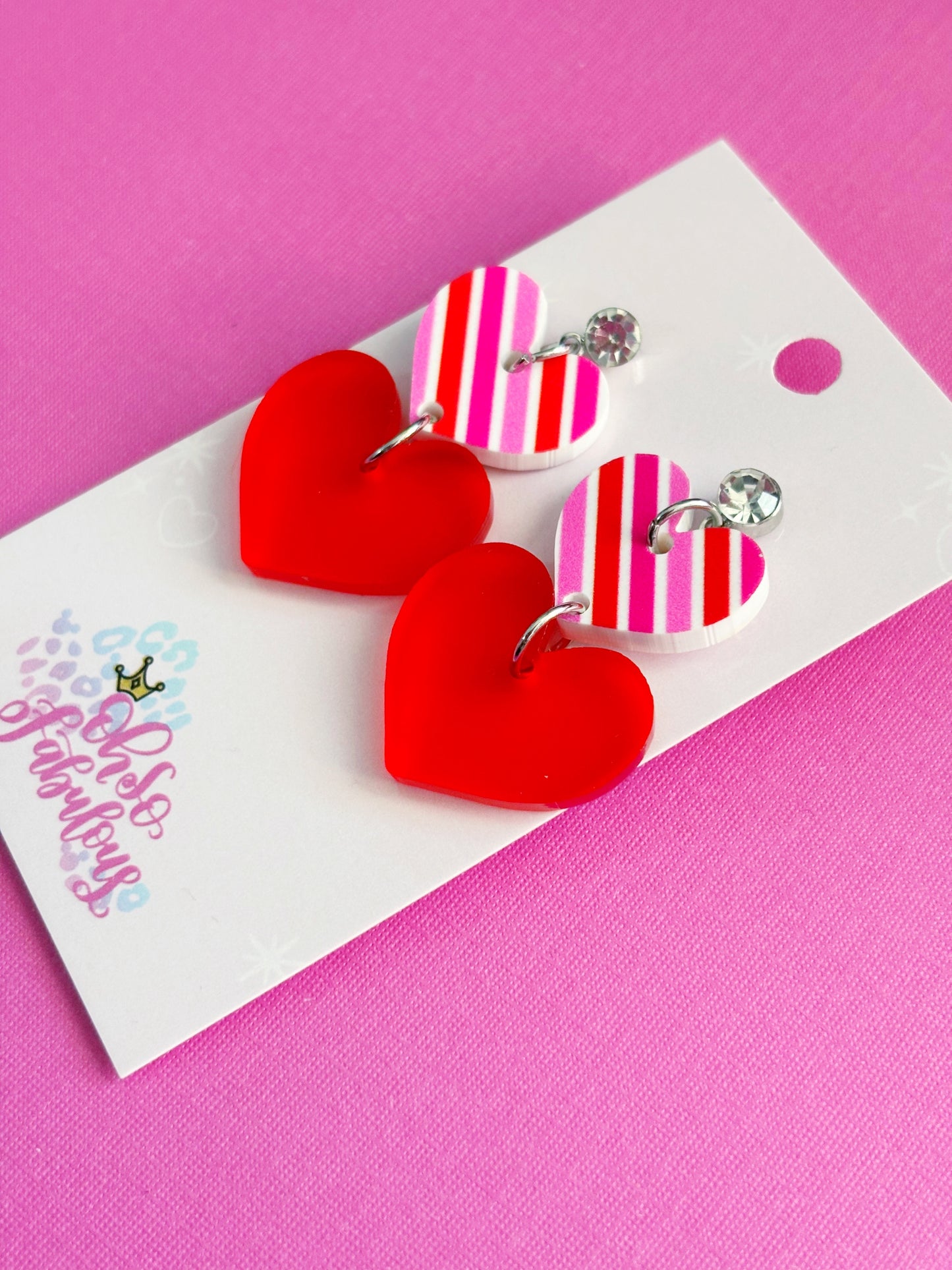 Pink and Red Striped Heart Stacker Earrings /// Valentines Day