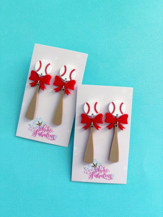 Baseball Bow Bat /// Dangle Earrings