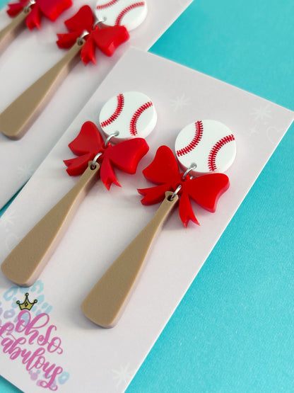 Baseball Bow Bat /// Dangle Earrings